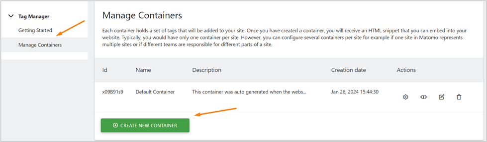 Create Container in Matomo Tag Manager